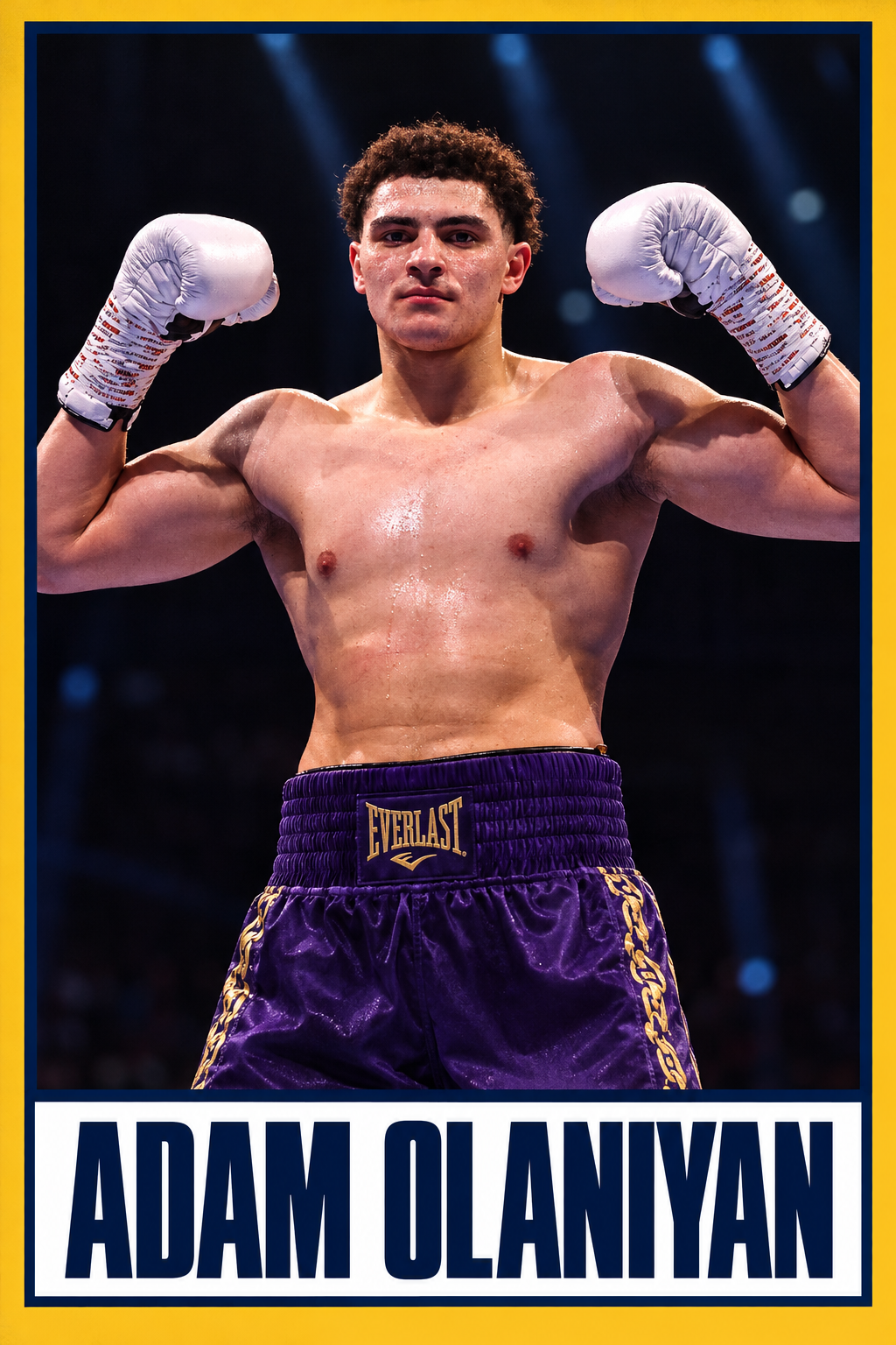 Adam Olaniyan boxing card with navy and gold borders