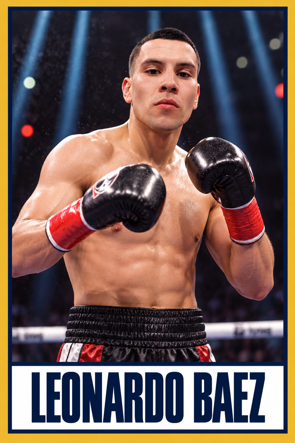 Leonardo Baez boxing card with navy and gold borders