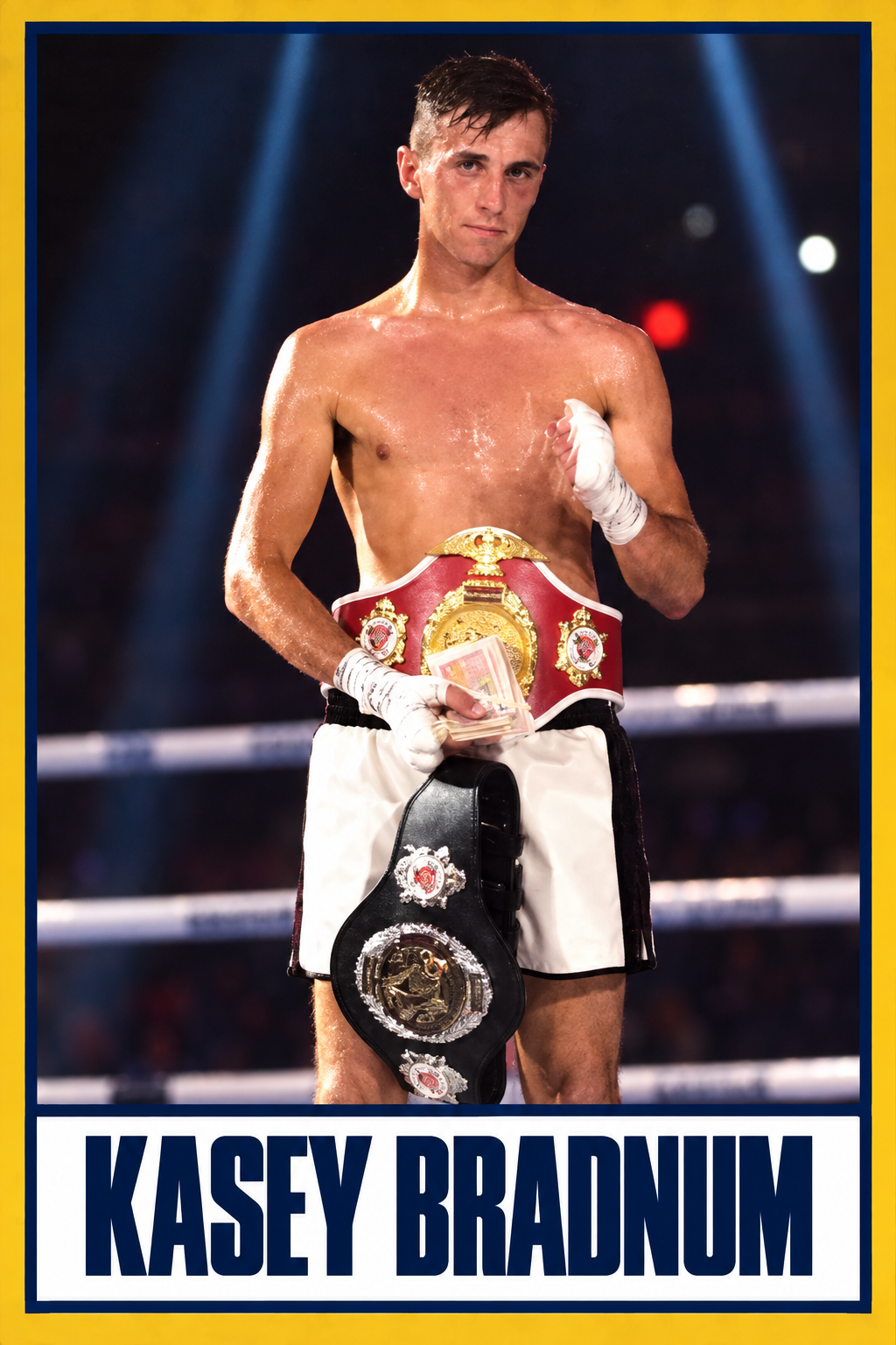 Kasey Bradnum boxing card with navy and gold borders