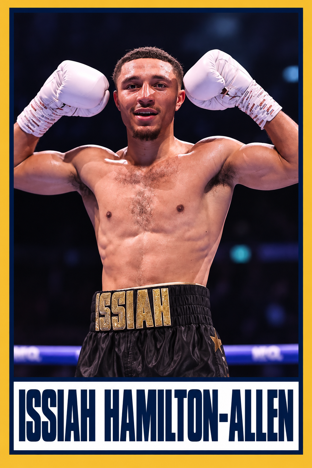 Issiah Hamilton-Allen boxing card with navy and gold borders