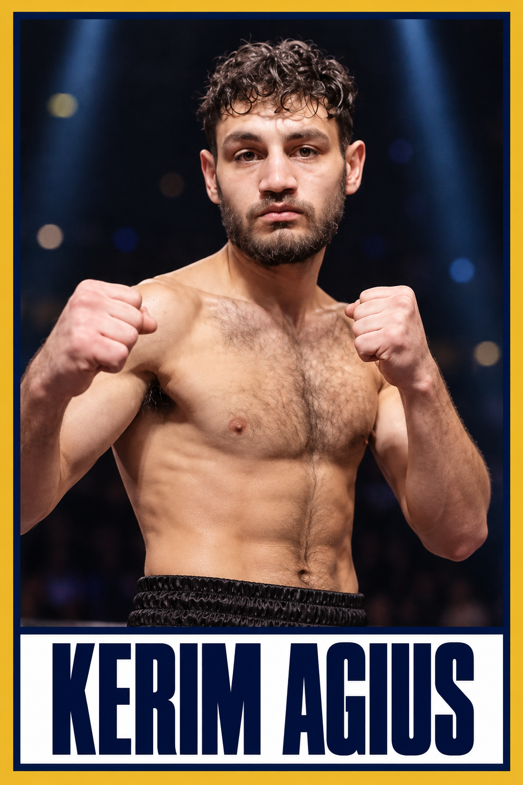 Kerim Agius boxing card with navy and gold borders