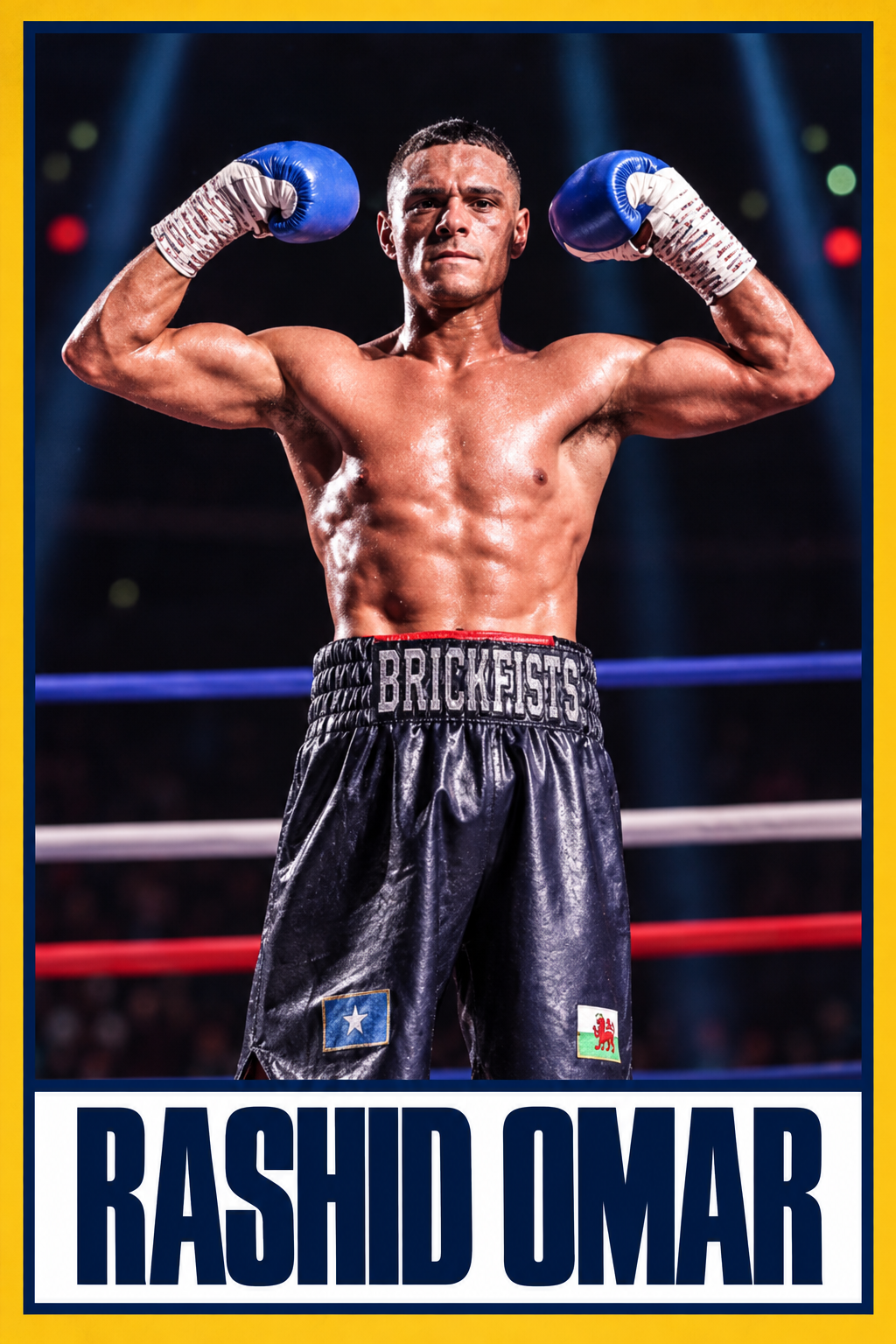 Rashid Omar boxing card with navy and gold borders