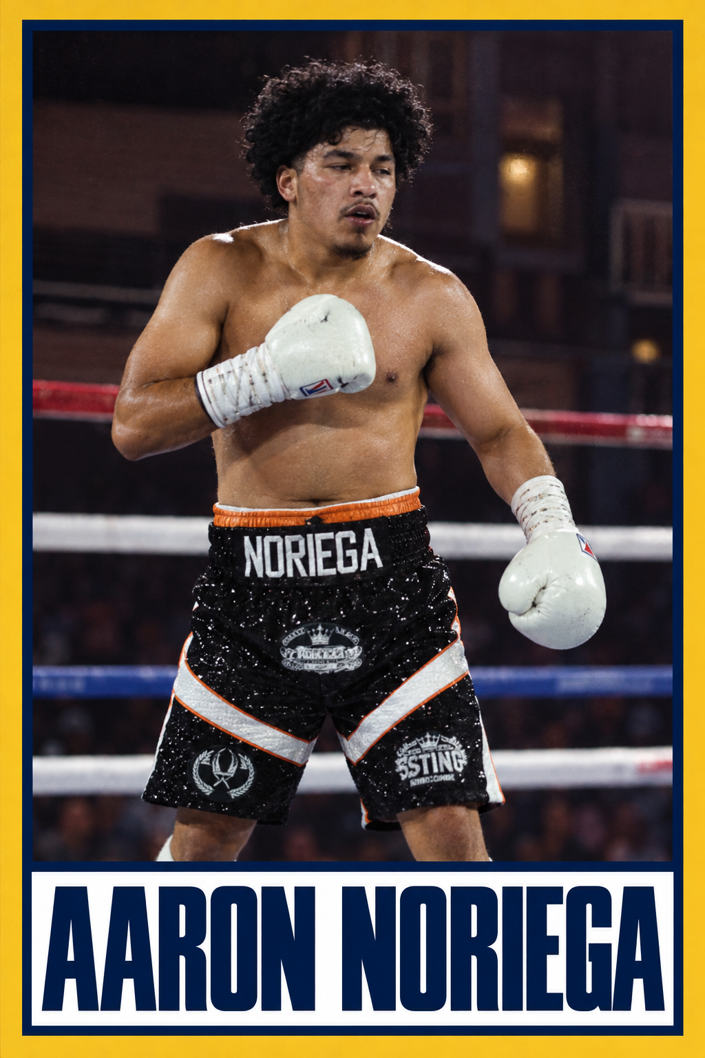 Aaron Noriega boxing card with navy and gold borders