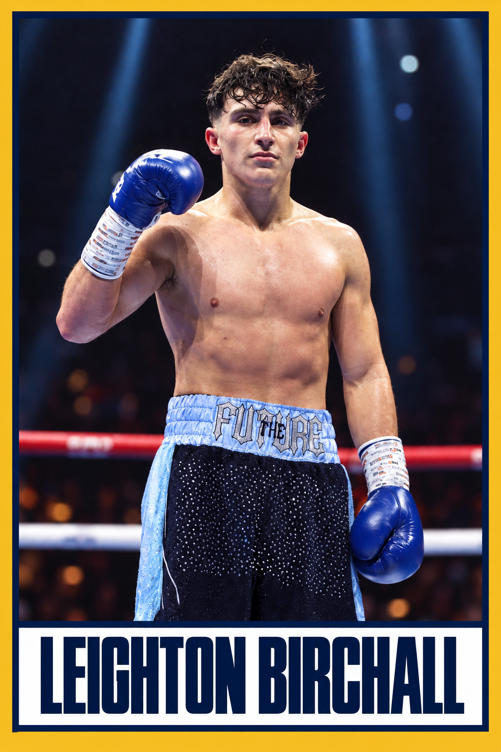 Leighton Birchall boxing card with navy and gold borders
